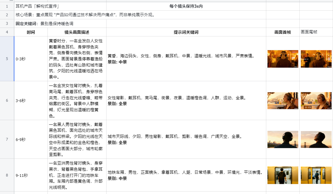 耳机短片的镜头、提示词与首尾帧流程表