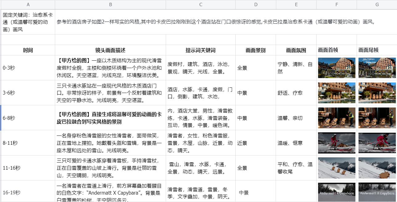 卡皮巴拉滑雪叙事的镜头流程表